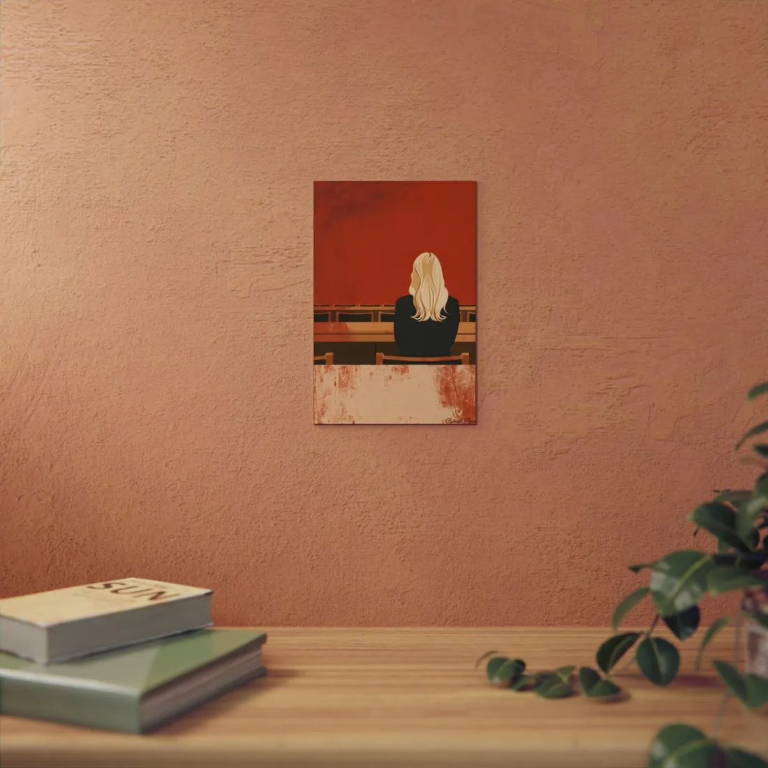 Minimalist Portrait: Blonde Woman in Red Courtroom Scene - Metal Poster