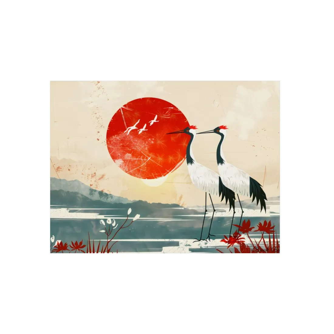 Minimalist Red Sun Cranes: Two Birds Silhouette Art - Metal Poster
