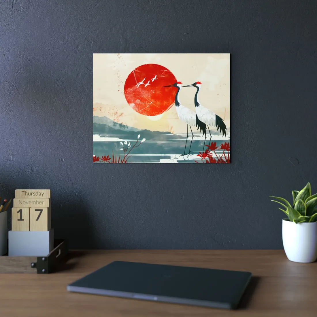 Minimalist Red Sun Cranes: Two Birds Silhouette Art - Metal Poster
