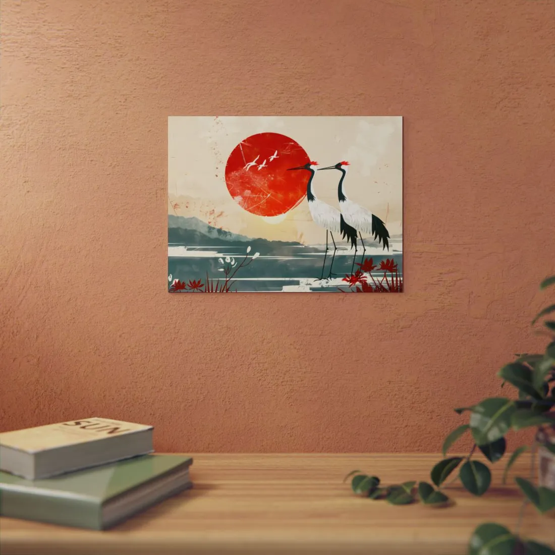 Minimalist Red Sun Cranes: Two Birds Silhouette Art - Metal Poster