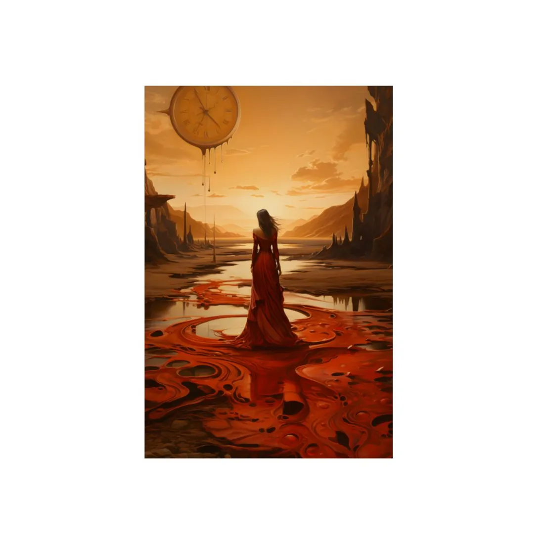 Mirror of Red: Woman on a Crimson Lake - Metal Poster