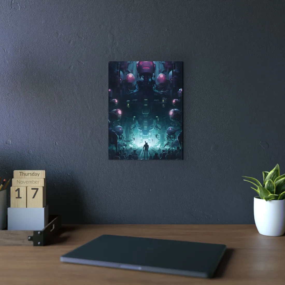 Mirrored Robot Formation: Teal Symmetry - Metal Poster