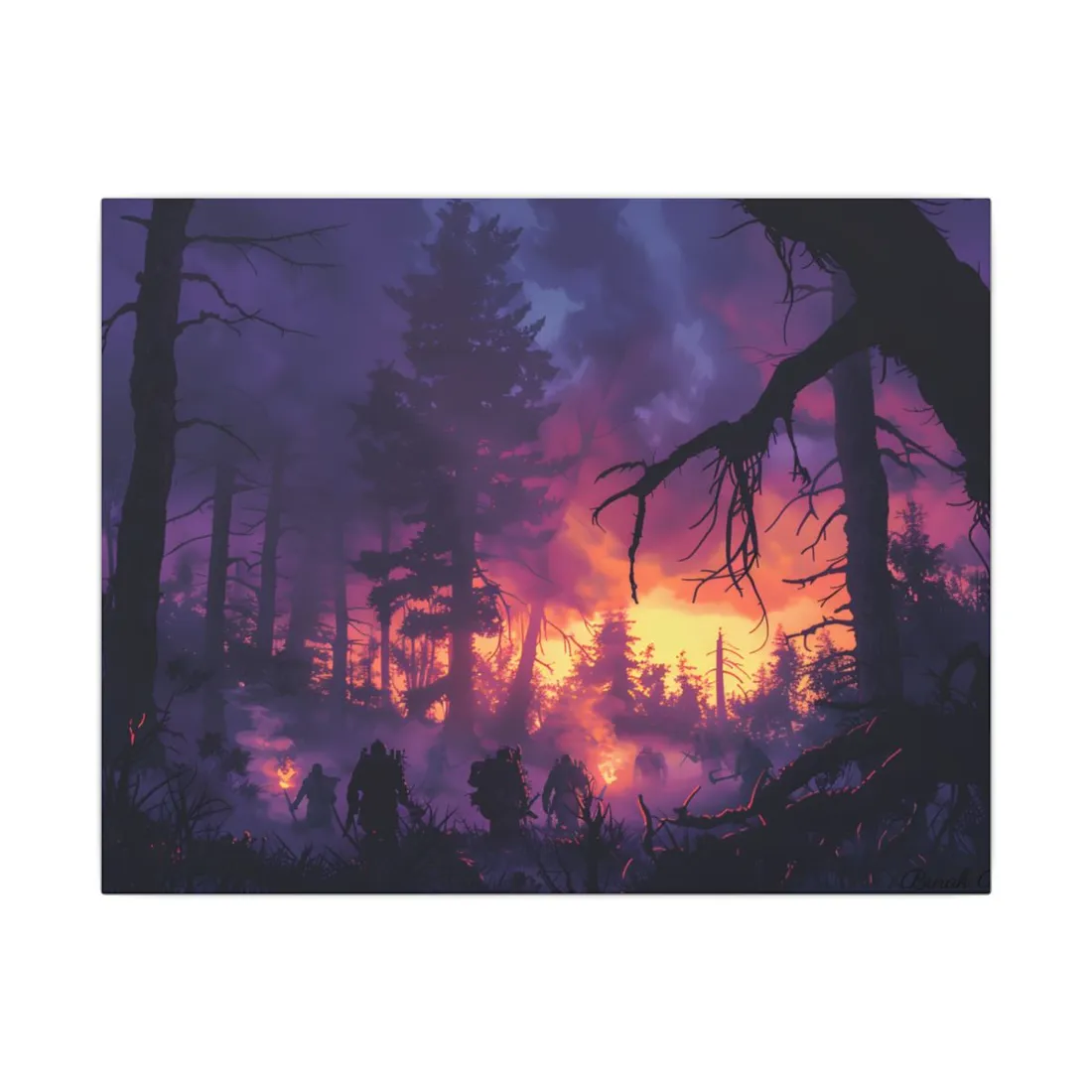 Misty Forest Sunset: Serene Hike Digital Art - Canvas