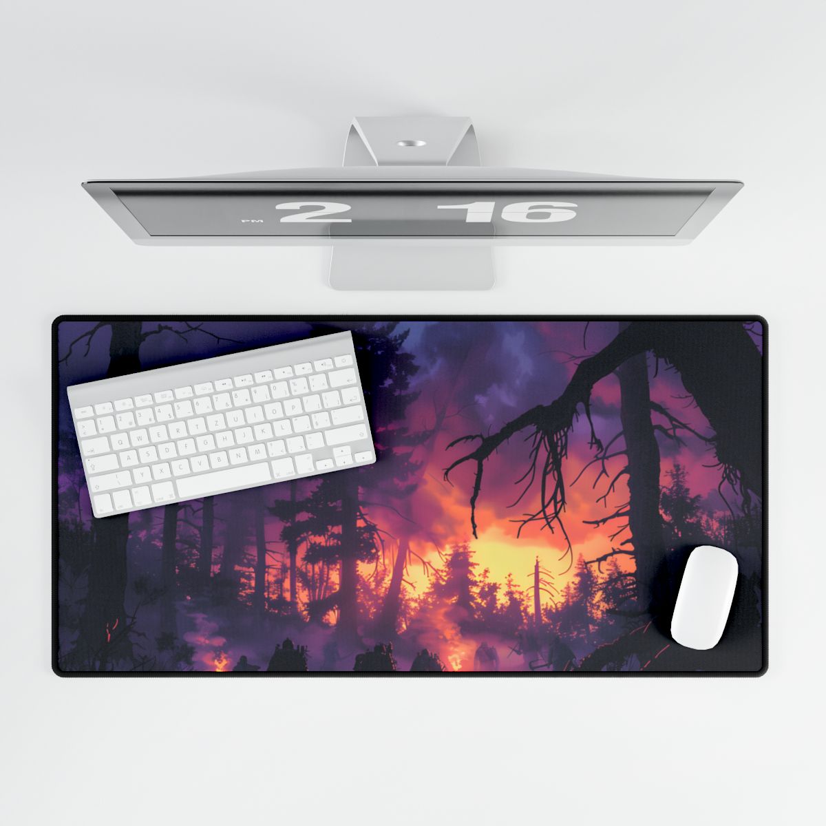 Misty Forest Sunset: Serene Hike Digital Art - Desk Mat