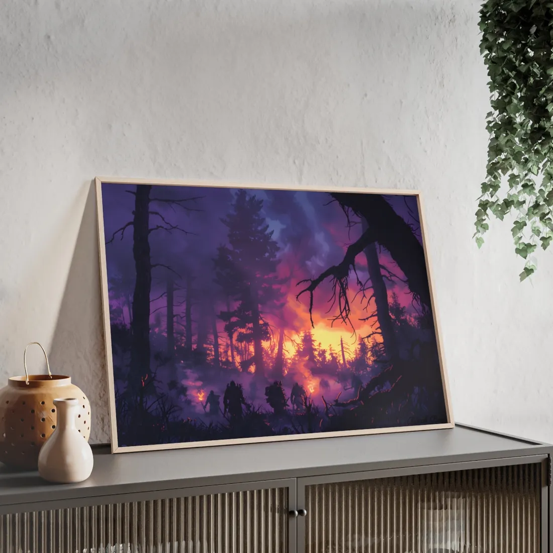 Misty Forest Sunset: Serene Hike Digital Art - Framed Poster