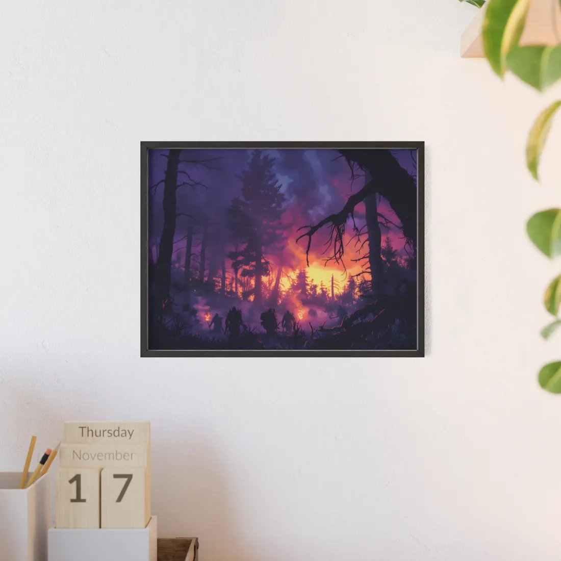 Misty Forest Sunset: Serene Hike Digital Art - Framed Poster