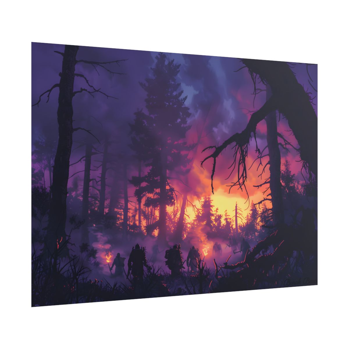 Misty Forest Sunset: Serene Hike Digital Art - Poster