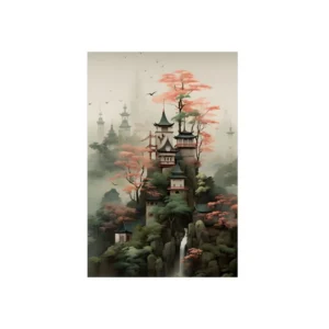 Pagoda Village on Misty Cliffs Metal Poster