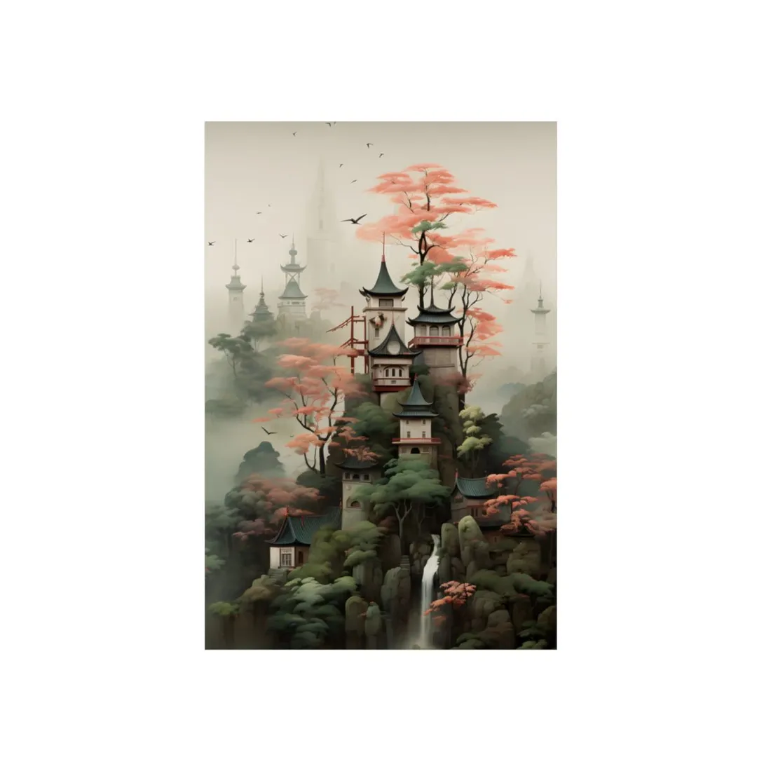 Misty Pagoda Temples Among Cherry Blossoms - Metal Poster