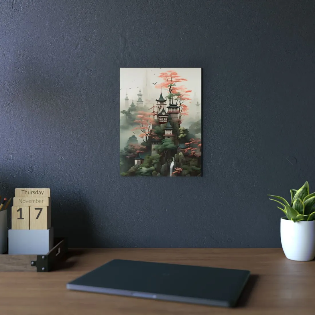 Misty Pagoda Temples Among Cherry Blossoms - Metal Poster