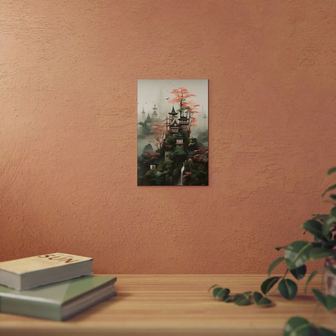 Misty Pagoda Temples Among Cherry Blossoms - Metal Poster