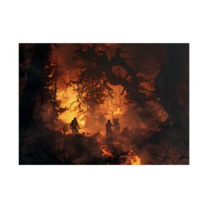 Silhouetted Figures in Burning Forest Poster