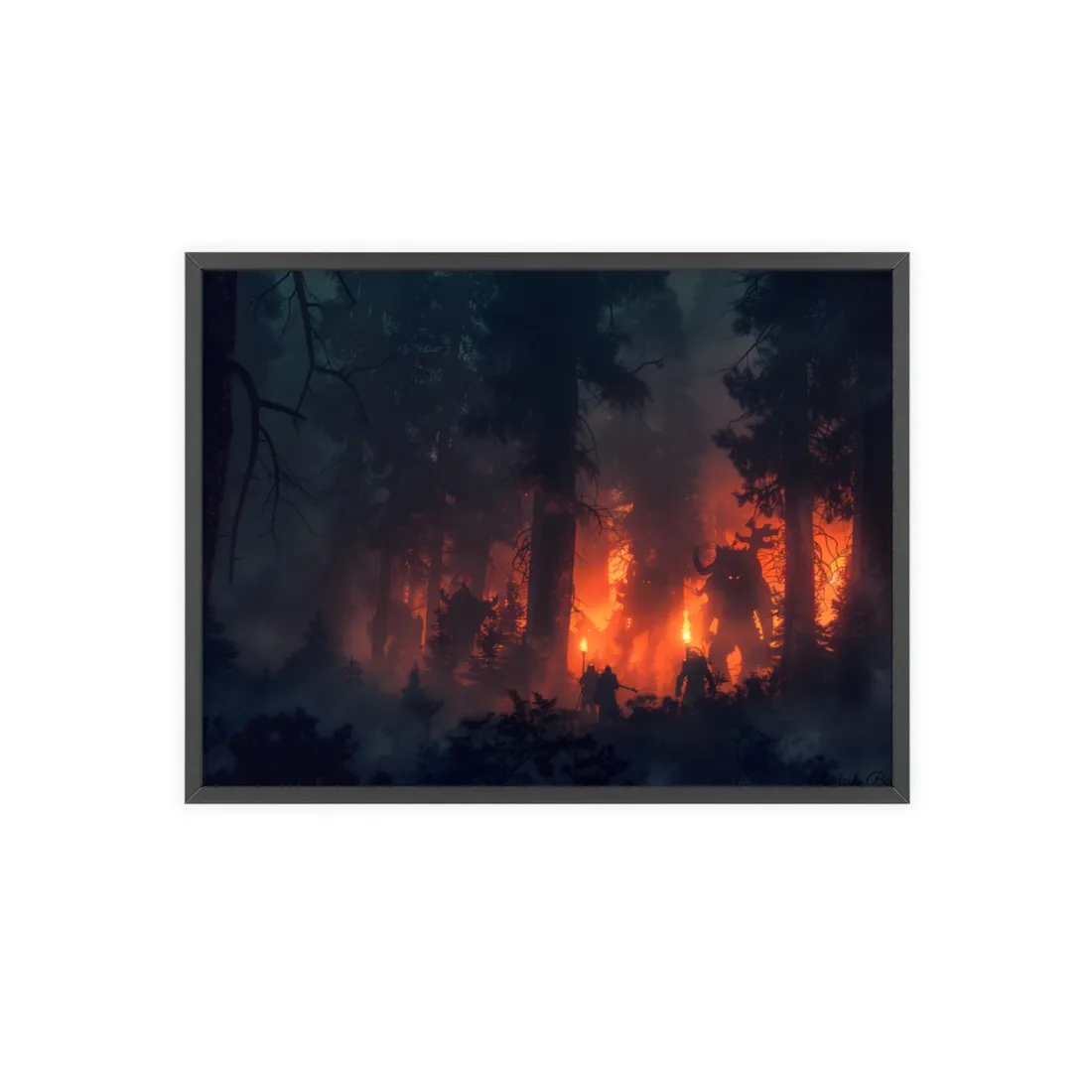 Misty Sunset Gathering: A Group in Nature's Embrace - Framed Poster