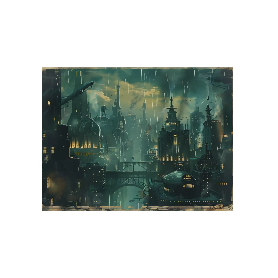 Misty Vintage Cityscape: Rainy Urban Atmosphere - Metal Poster