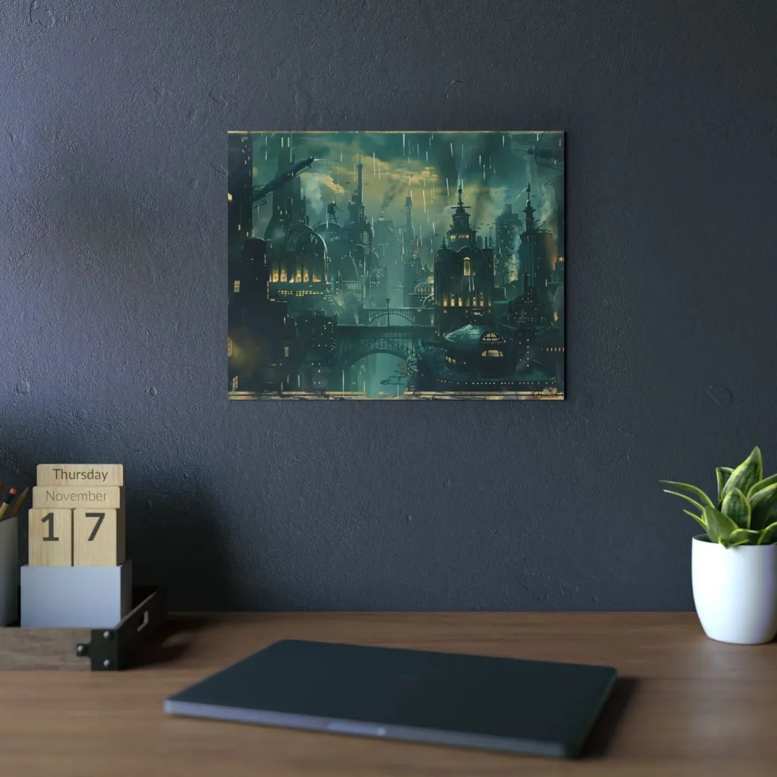 Misty Vintage Cityscape: Rainy Urban Atmosphere - Metal Poster