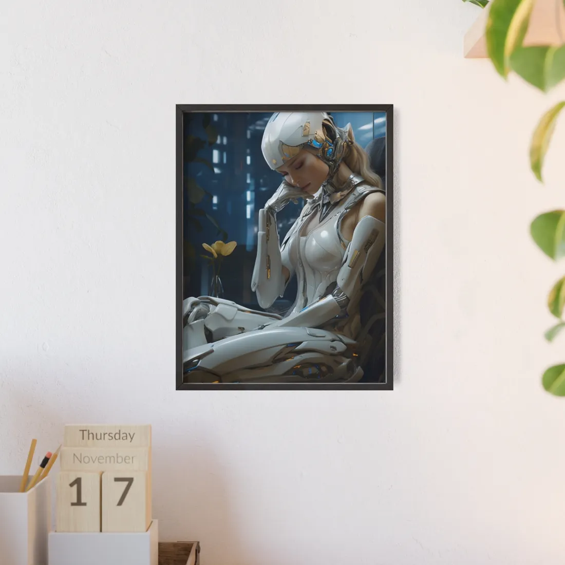 Modern Art Heist: Robot Team in Museum - Framed Poster
