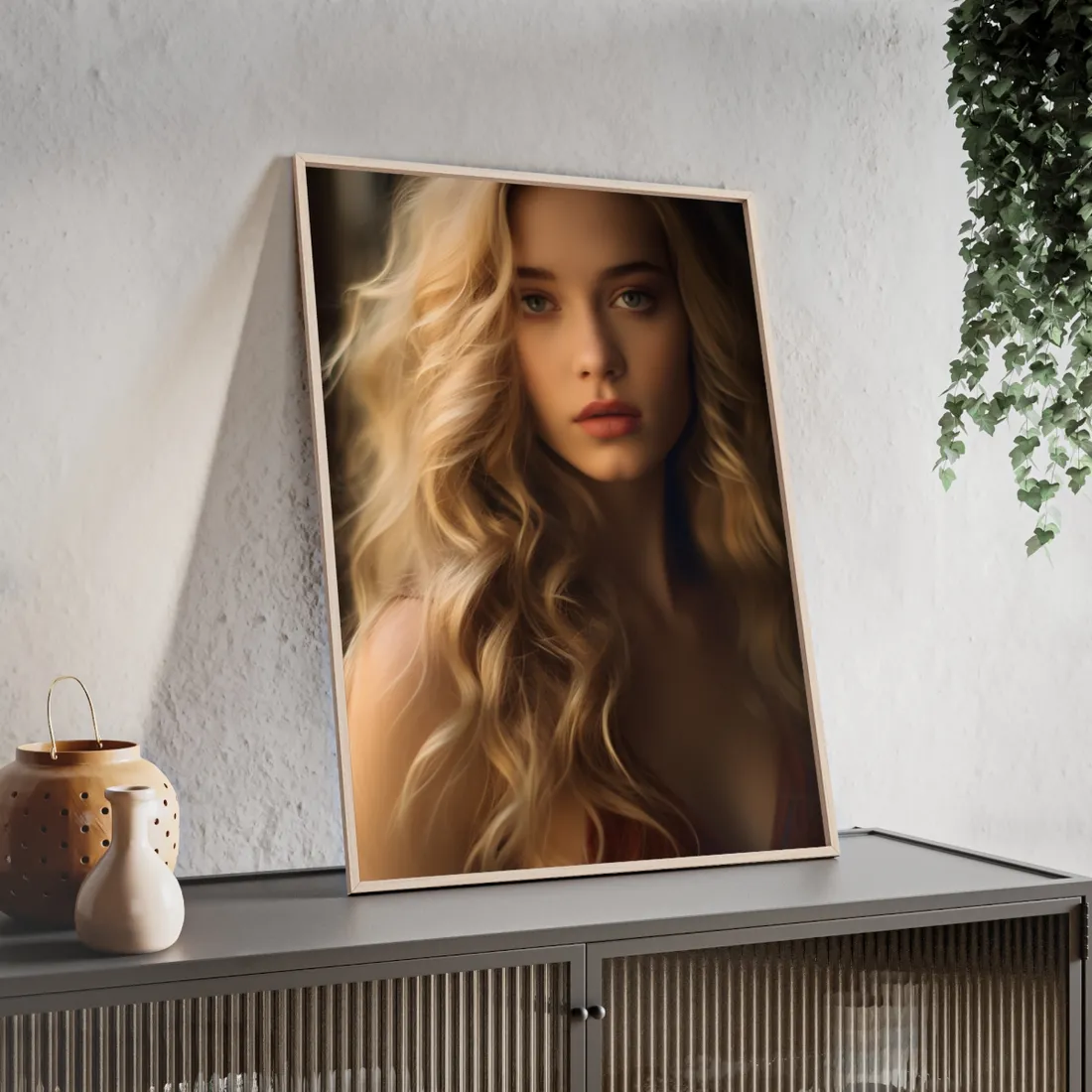 Modern Beauty: Young Blonde Woman in a Short-Sleeved Dress - Framed Poster