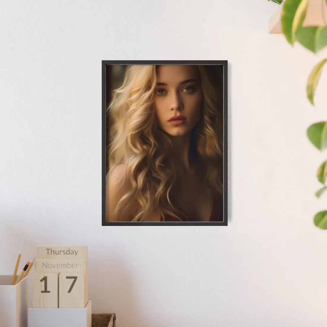 Modern Beauty: Young Blonde Woman in a Short-Sleeved Dress - Framed Poster