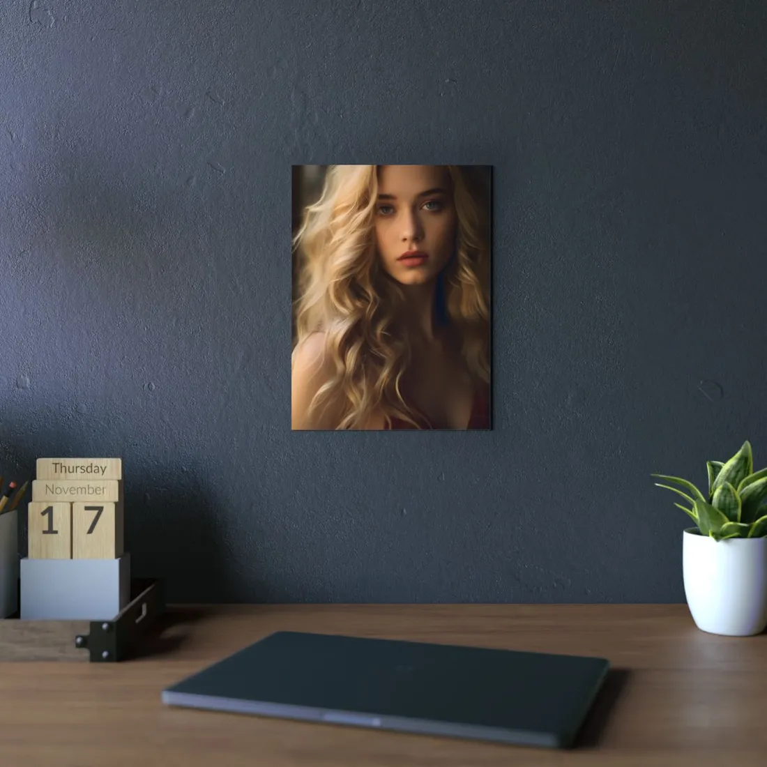 Modern Beauty: Young Blonde Woman in a Short-Sleeved Dress - Metal Poster