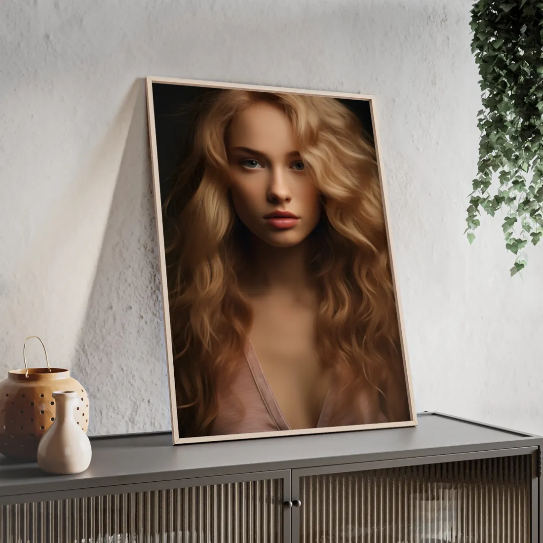 Modern Blonde Woman: Minimalist Style Portrait - Framed Poster