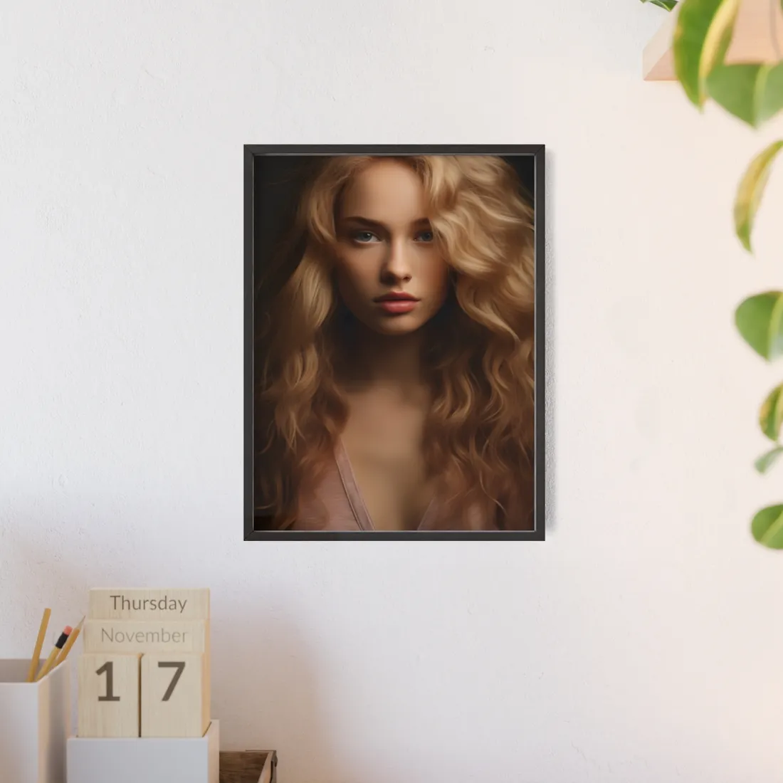 Modern Blonde Woman: Minimalist Style Portrait - Framed Poster
