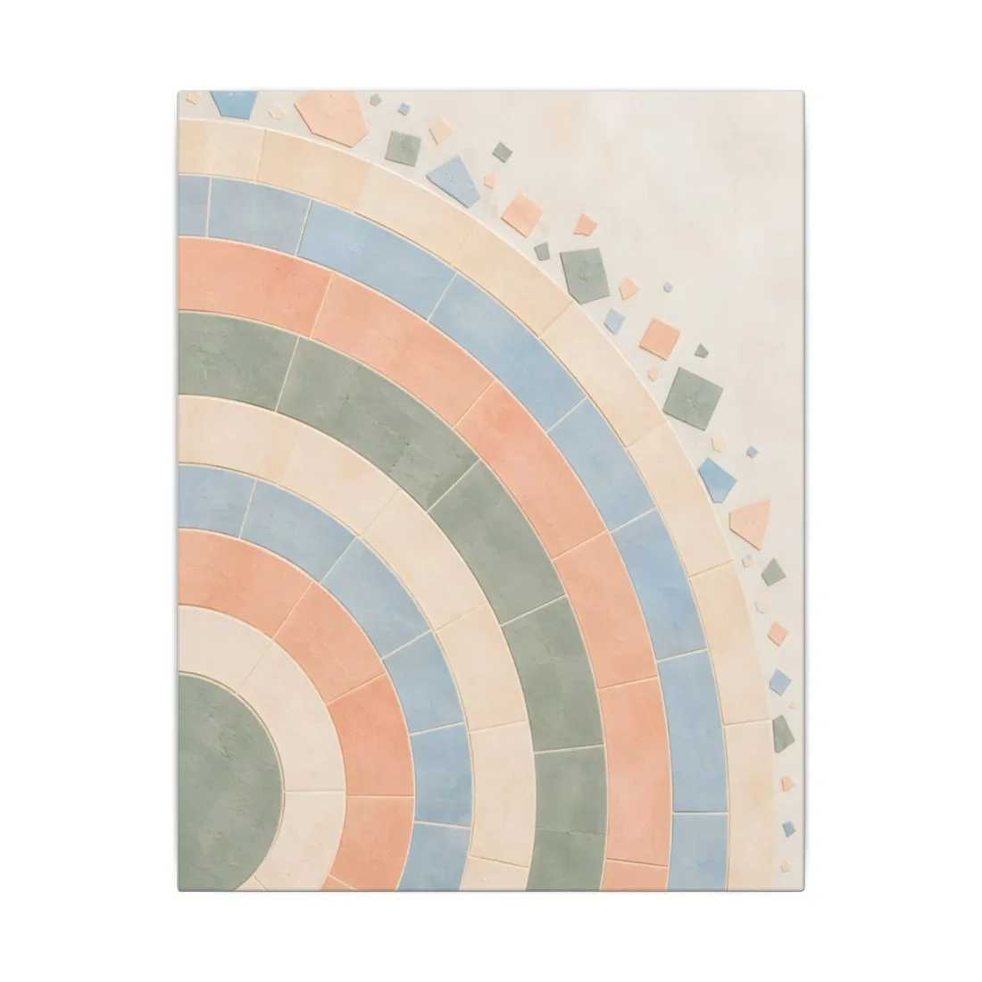 Concentric pastel tile rings in peach, sage, blue and cream, with scattered tile fragments – Canvas Print, view 1