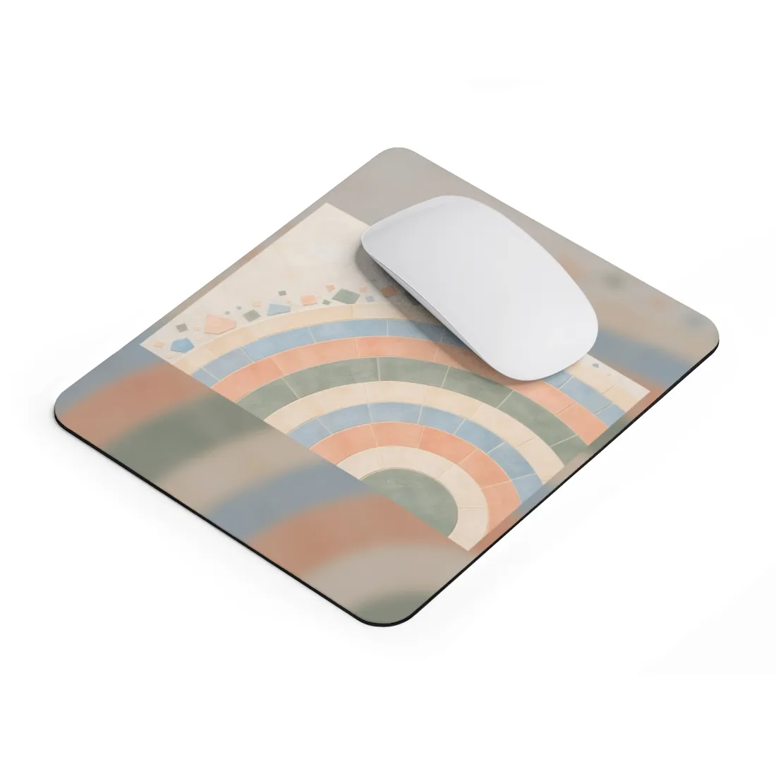 Concentric pastel tile rings in peach, sage, blue and cream, with scattered tile fragments – Mouse Pad, view 2