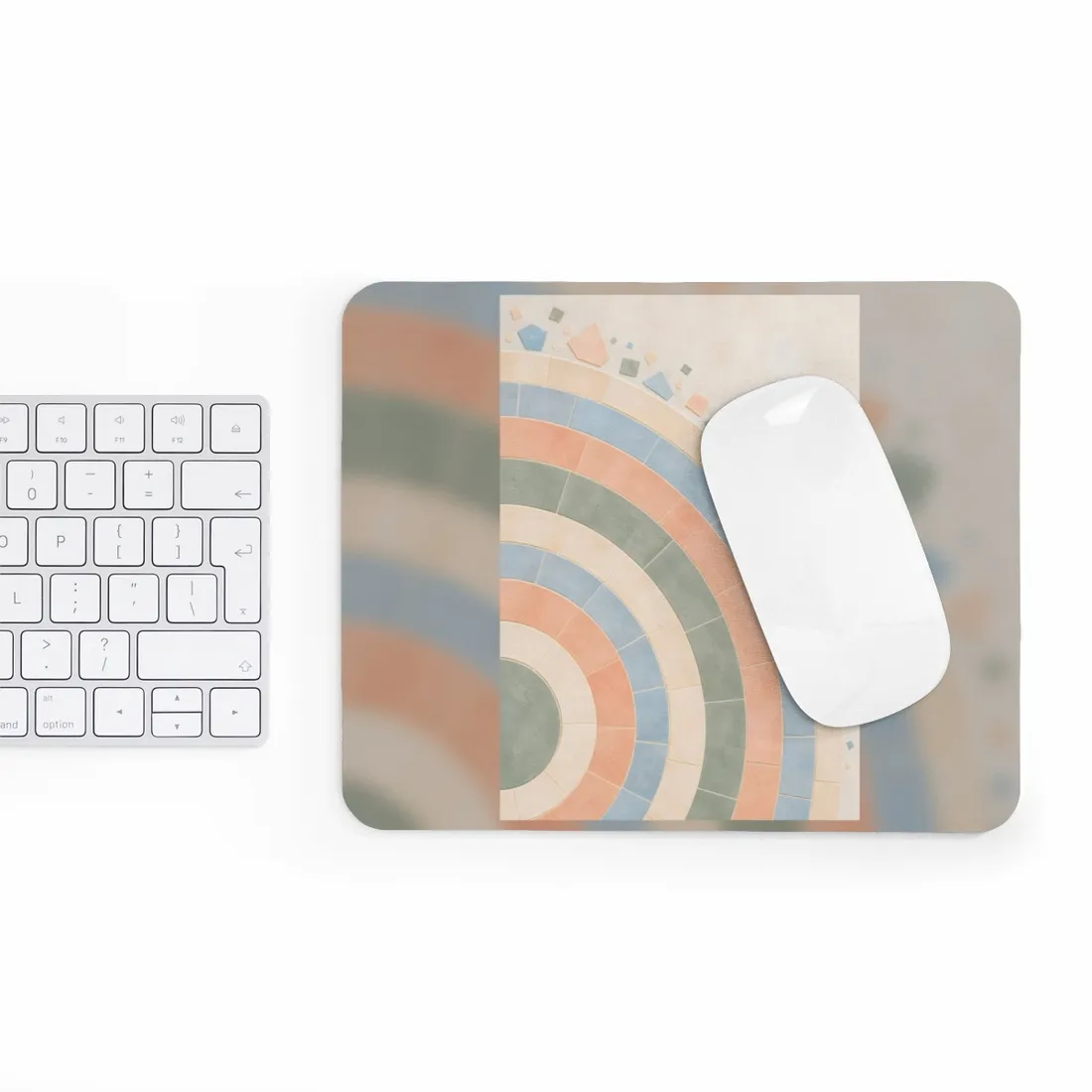 Concentric pastel tile rings in peach, sage, blue and cream, with scattered tile fragments – Mouse Pad, view 3