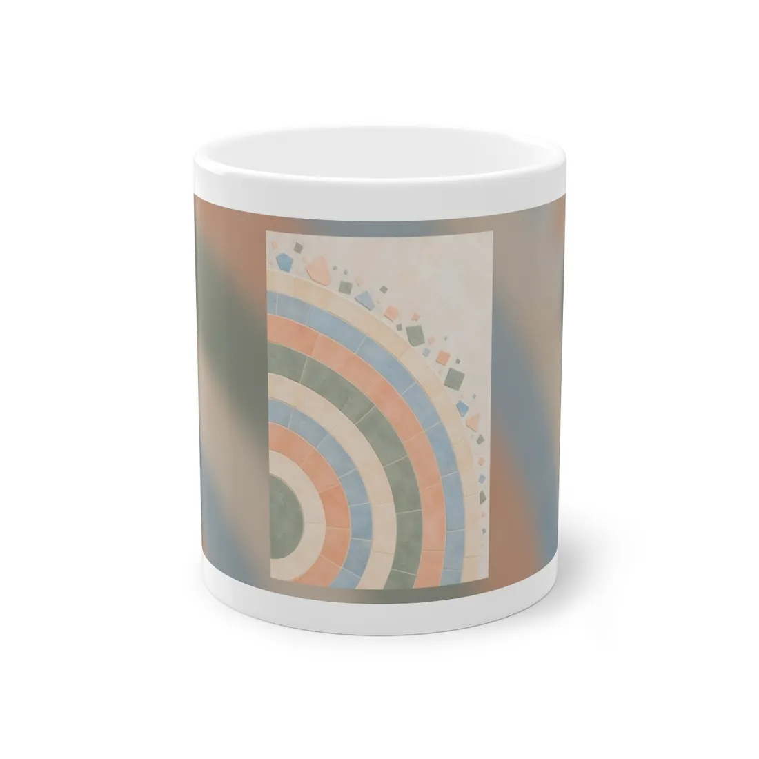 Concentric pastel tile rings in peach, sage, blue and cream, with scattered tile fragments – Mug, view 1