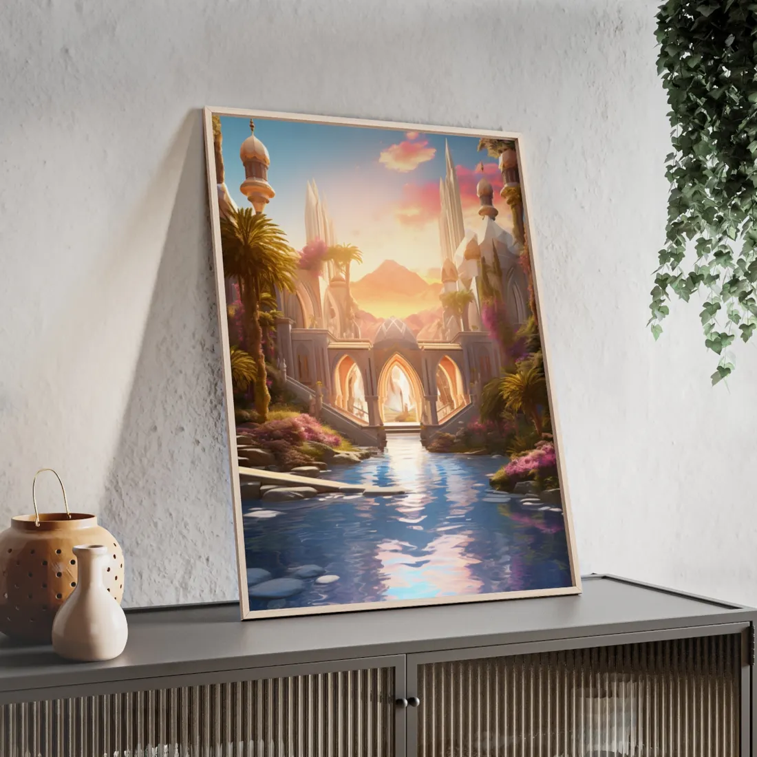 Moonlit Desert Oasis: Arabian Nights Serenity - Framed Poster