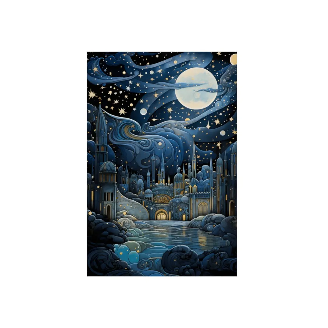 Moonlit Fantasy City Skyline: Night - Metal Poster
