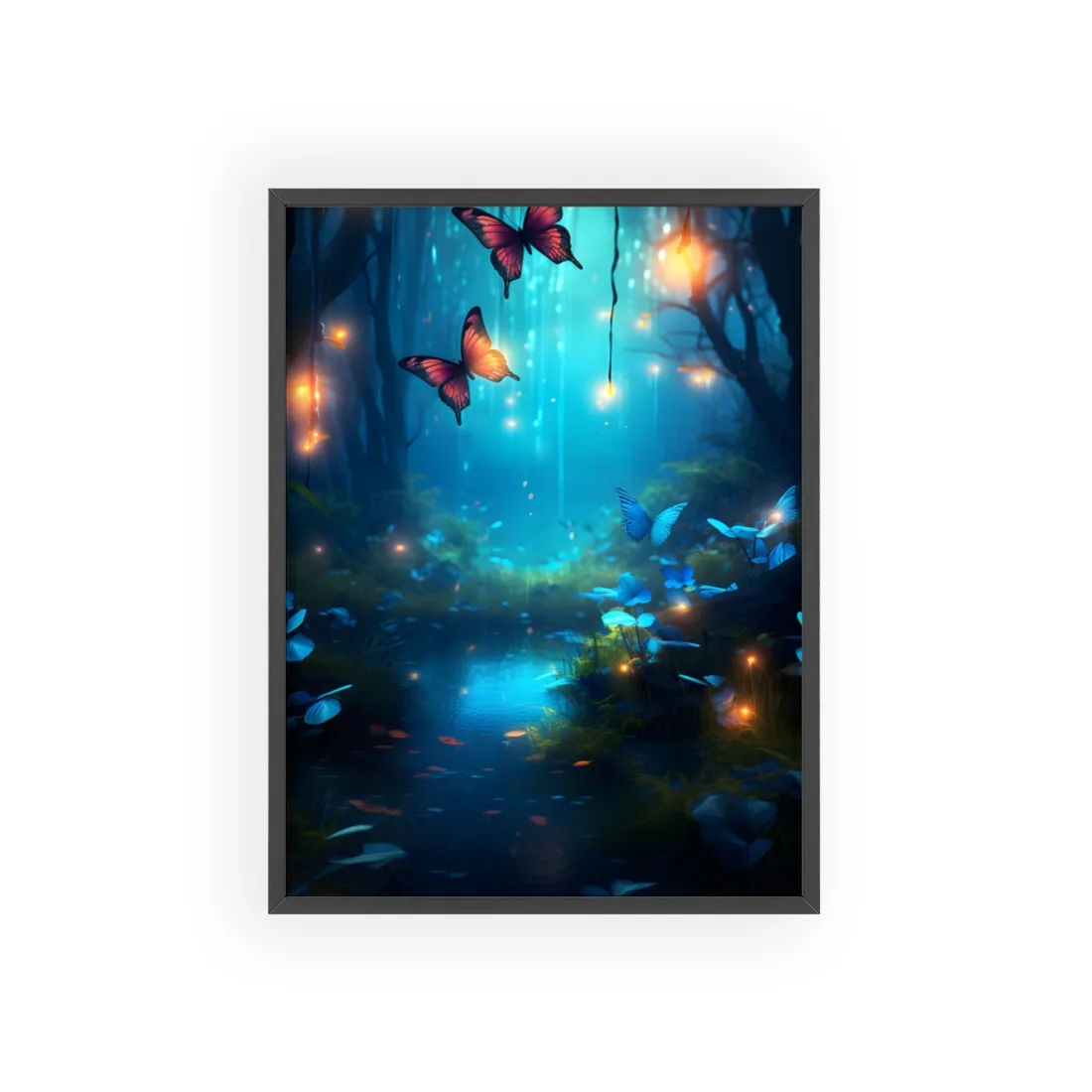 Moonlit Night Forest: Glowing Foggy Fantasy Bokeh Art - Framed Poster