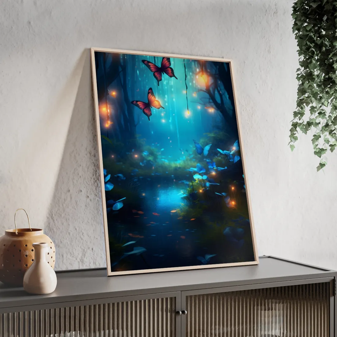 Moonlit Night Forest: Glowing Foggy Fantasy Bokeh Art - Framed Poster
