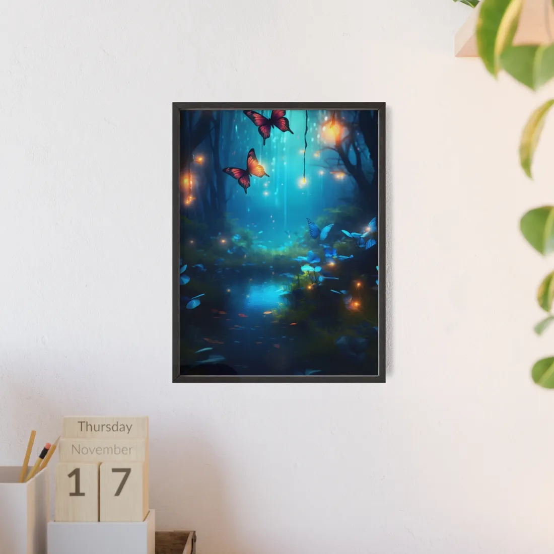 Moonlit Night Forest: Glowing Foggy Fantasy Bokeh Art - Framed Poster