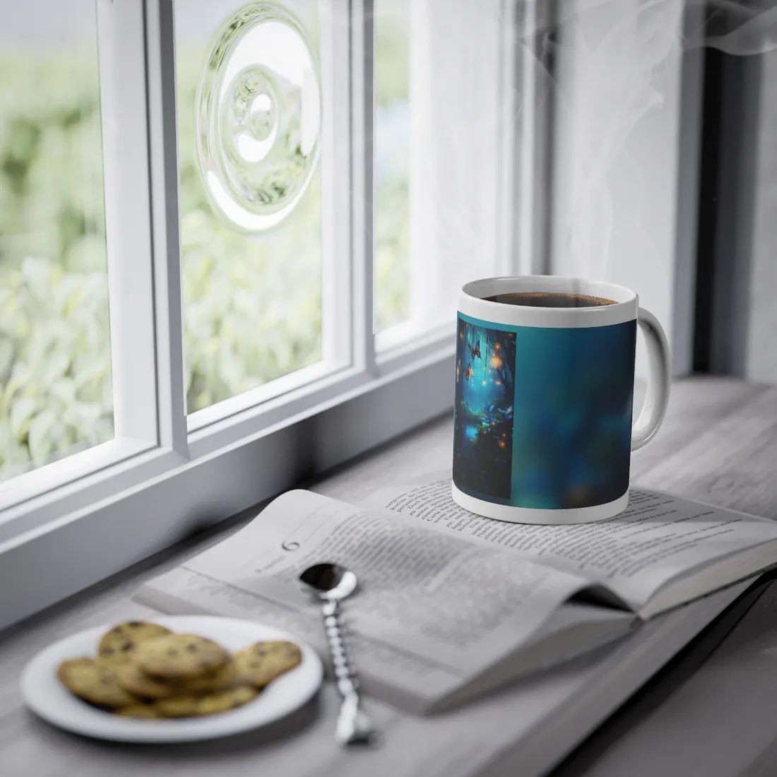 Moonlit Night Forest: Glowing Foggy Fantasy Bokeh Art - Mug