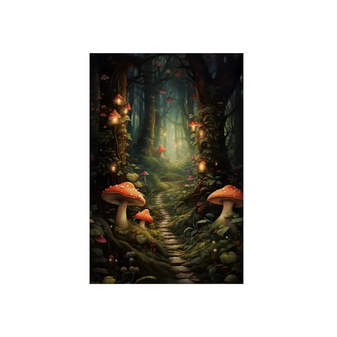 Mossy Forest Path with Mushrooms: Enchanted Woodland Art - Metal Poster