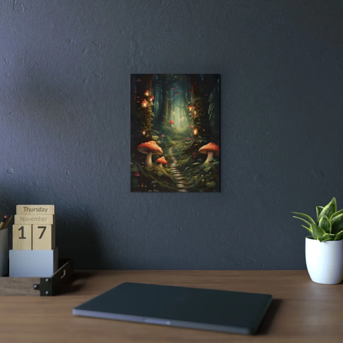 Mossy Forest Path with Mushrooms: Enchanted Woodland Art - Metal Poster