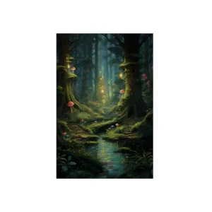 Forest Stream with Glowing Cottage Metal Poster