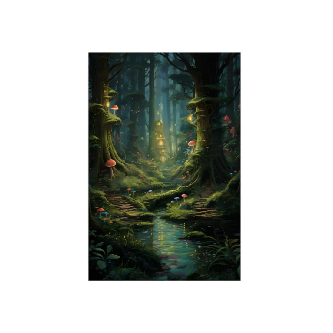 Mossy Forest Stream: Serene Woodland Path with Mushrooms - Metal Poster