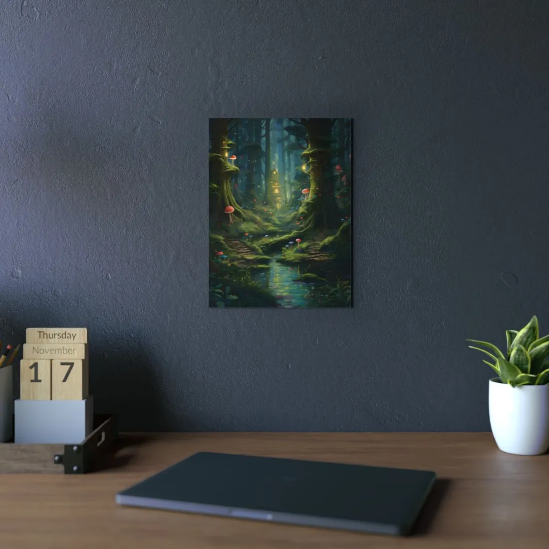 Mossy Forest Stream: Serene Woodland Path with Mushrooms - Metal Poster