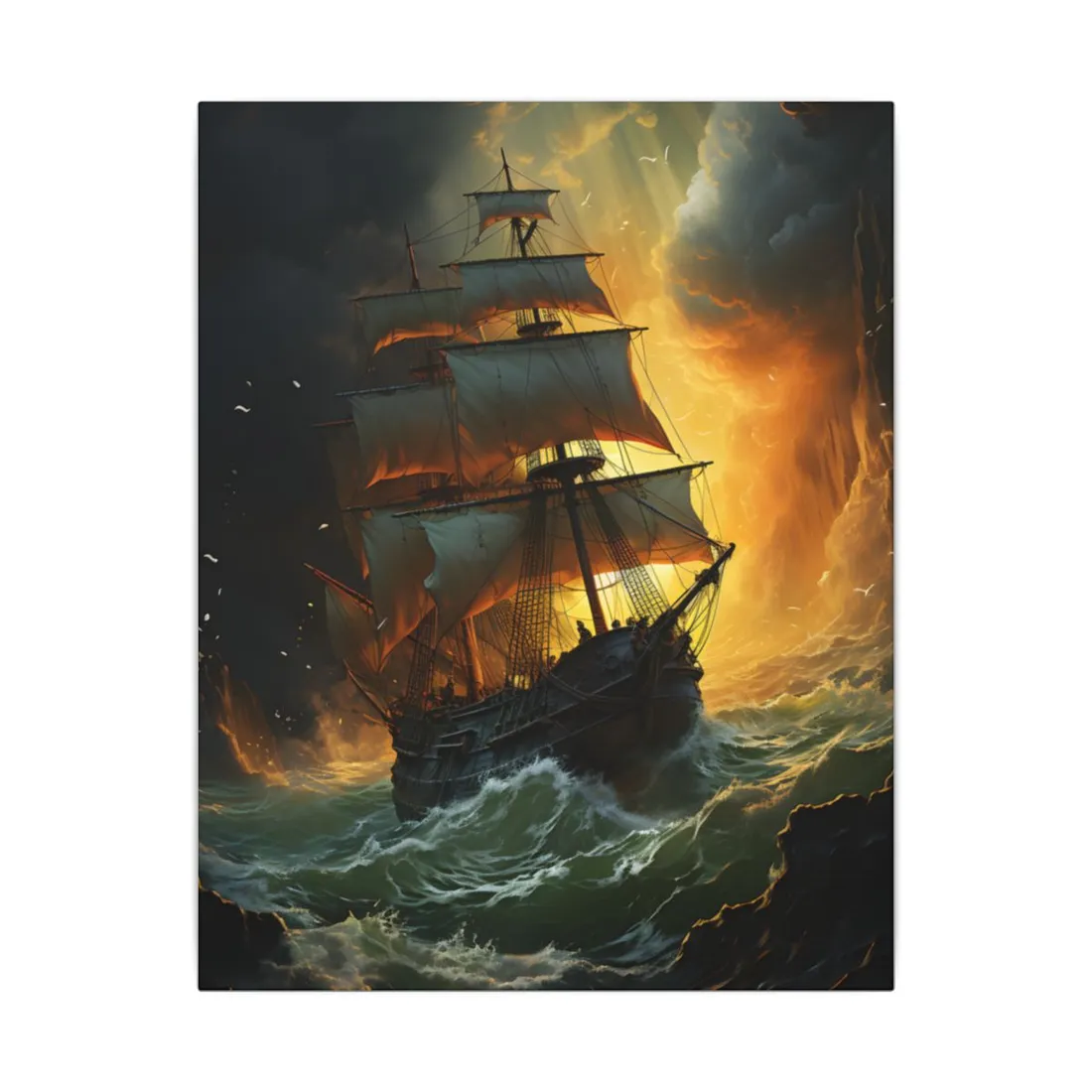 Mostly Green Seascape: Magnificent Oil Painting of a Ship - Canvas