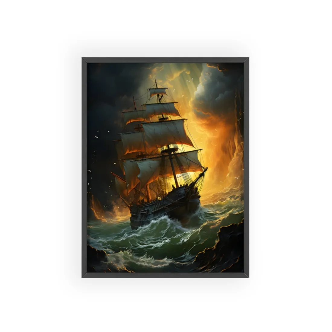 Mostly Green Seascape: Magnificent Oil Painting of a Ship - Framed Poster