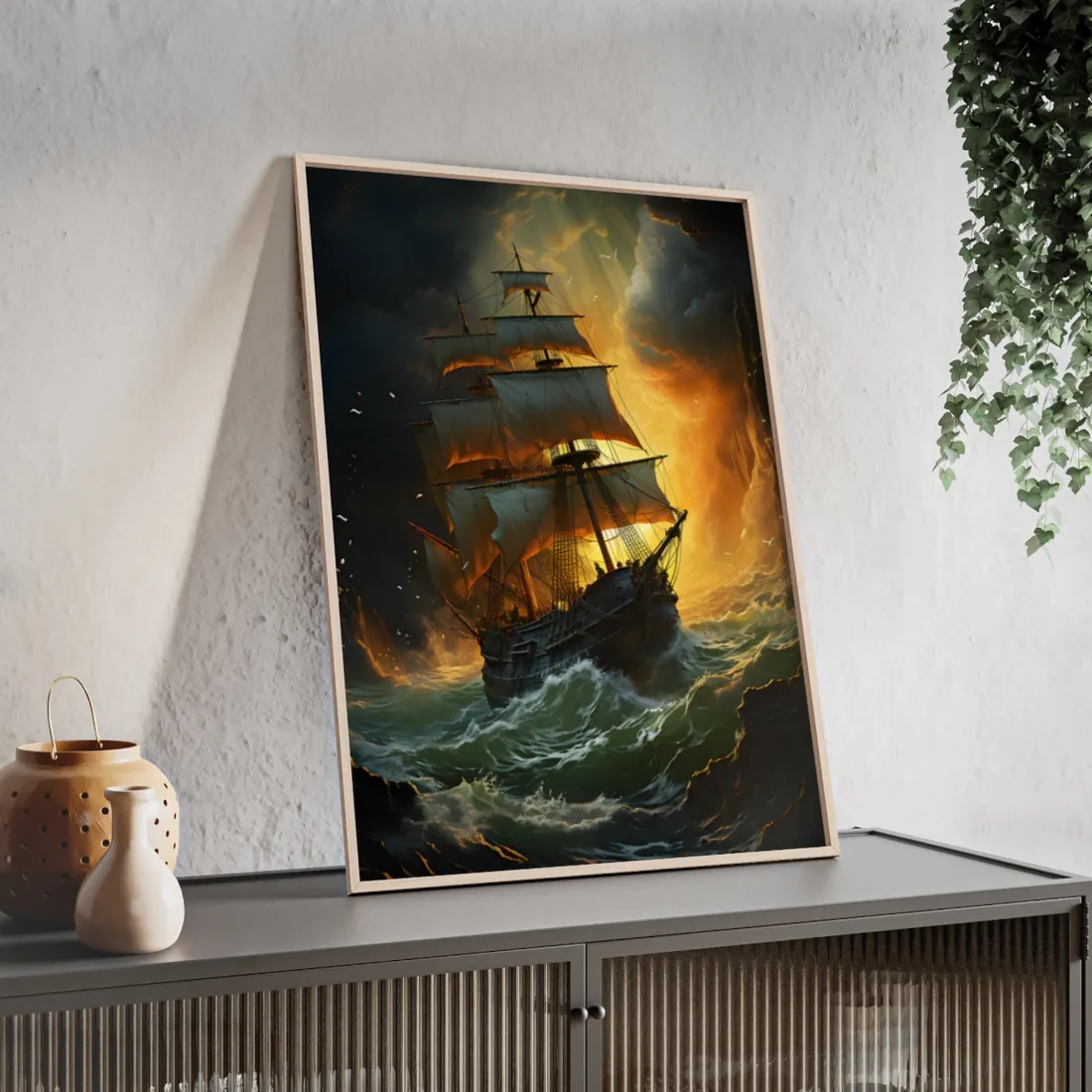 Mostly Green Seascape: Magnificent Oil Painting of a Ship - Framed Poster