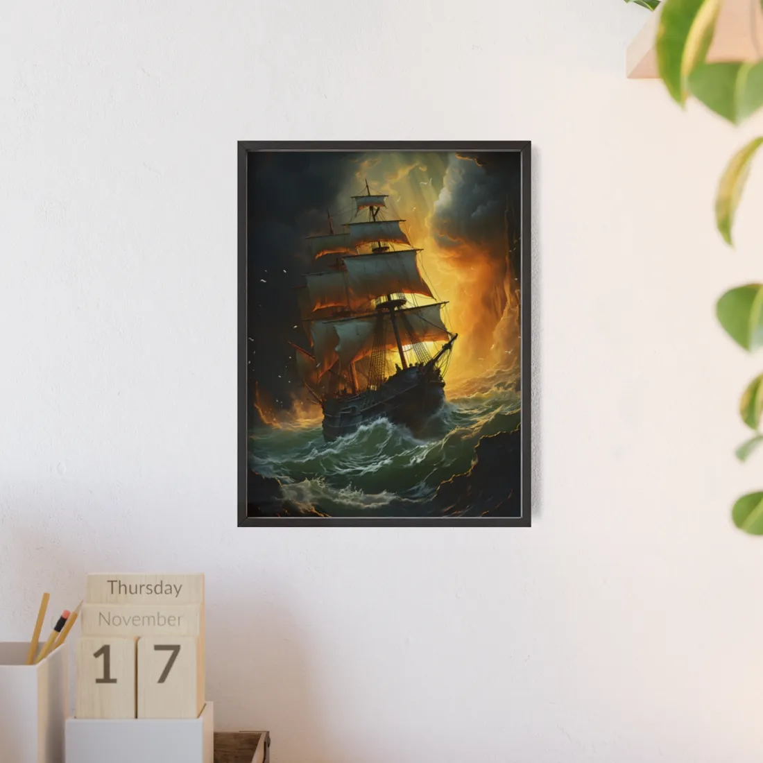 Mostly Green Seascape: Magnificent Oil Painting of a Ship - Framed Poster