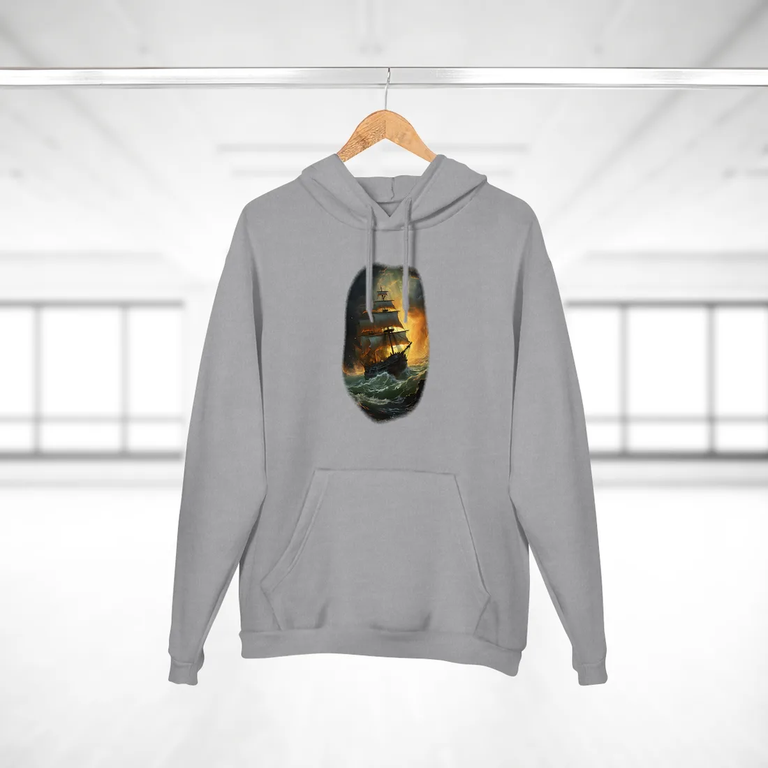 Fiery Stormy Seas: Dramatic Ship Oil Painting – Hoodie, heather grey