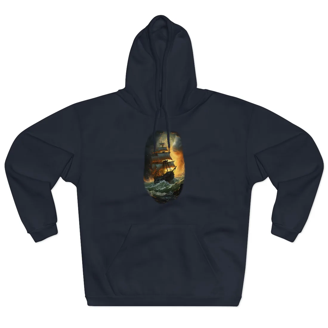 Fiery Stormy Seas: Dramatic Ship Oil Painting – Hoodie, navy