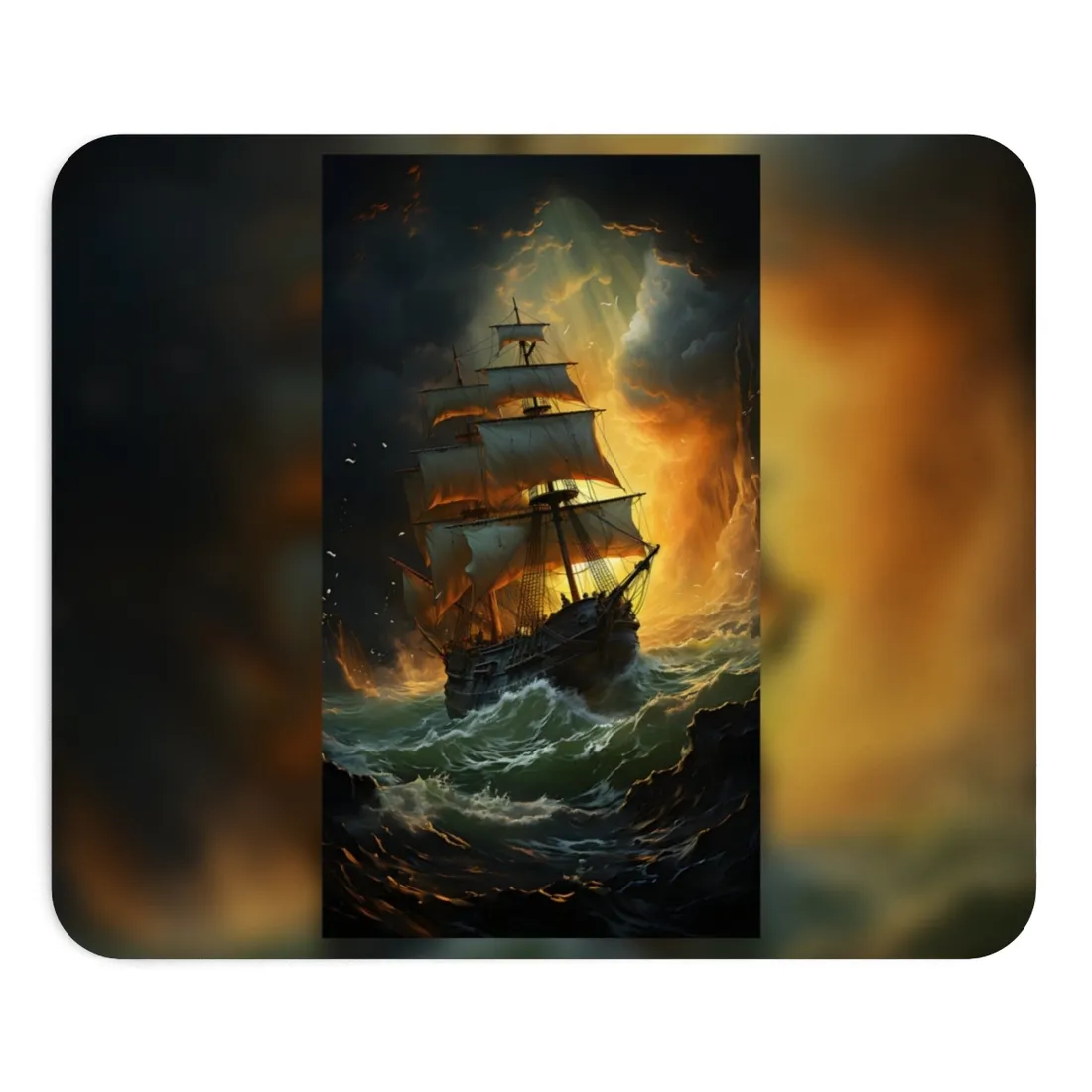 Mostly Green Seascape: Magnificent Oil Painting of a Ship - Mouse Pad