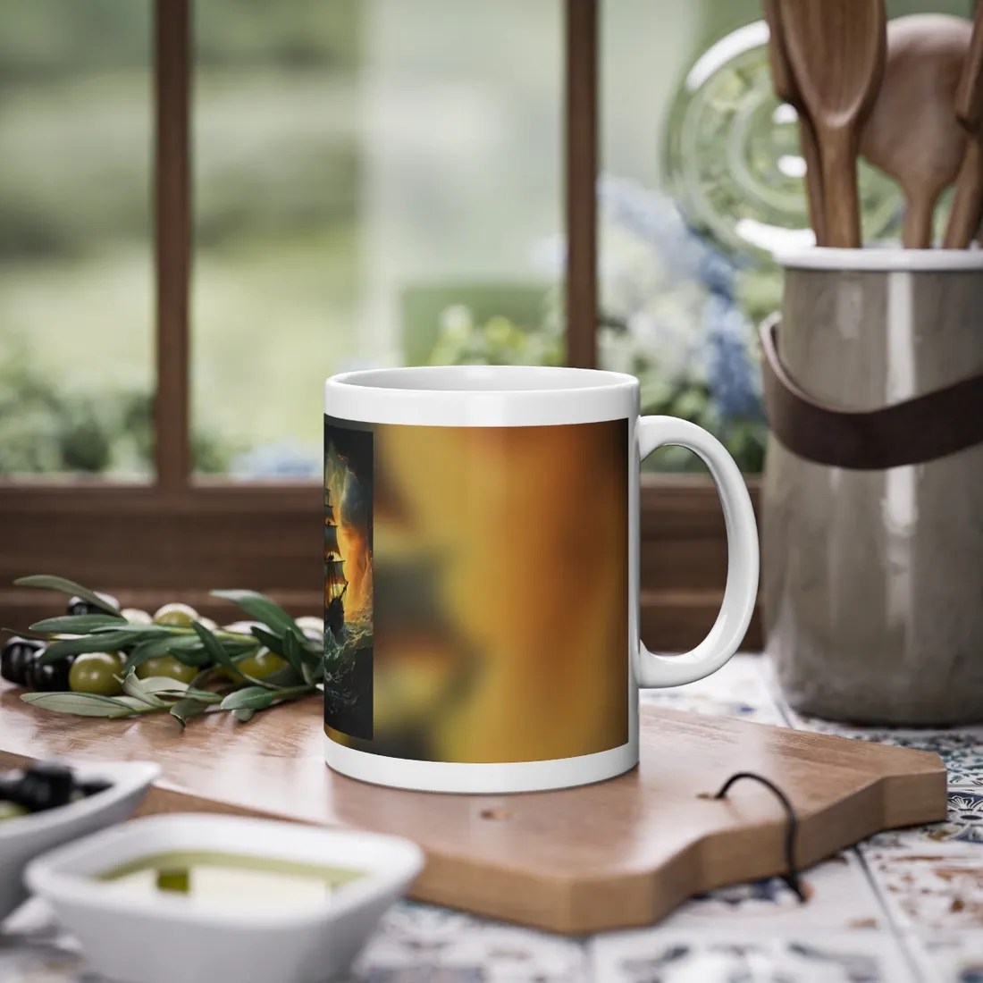Mostly Green Seascape: Magnificent Oil Painting of a Ship - Mug