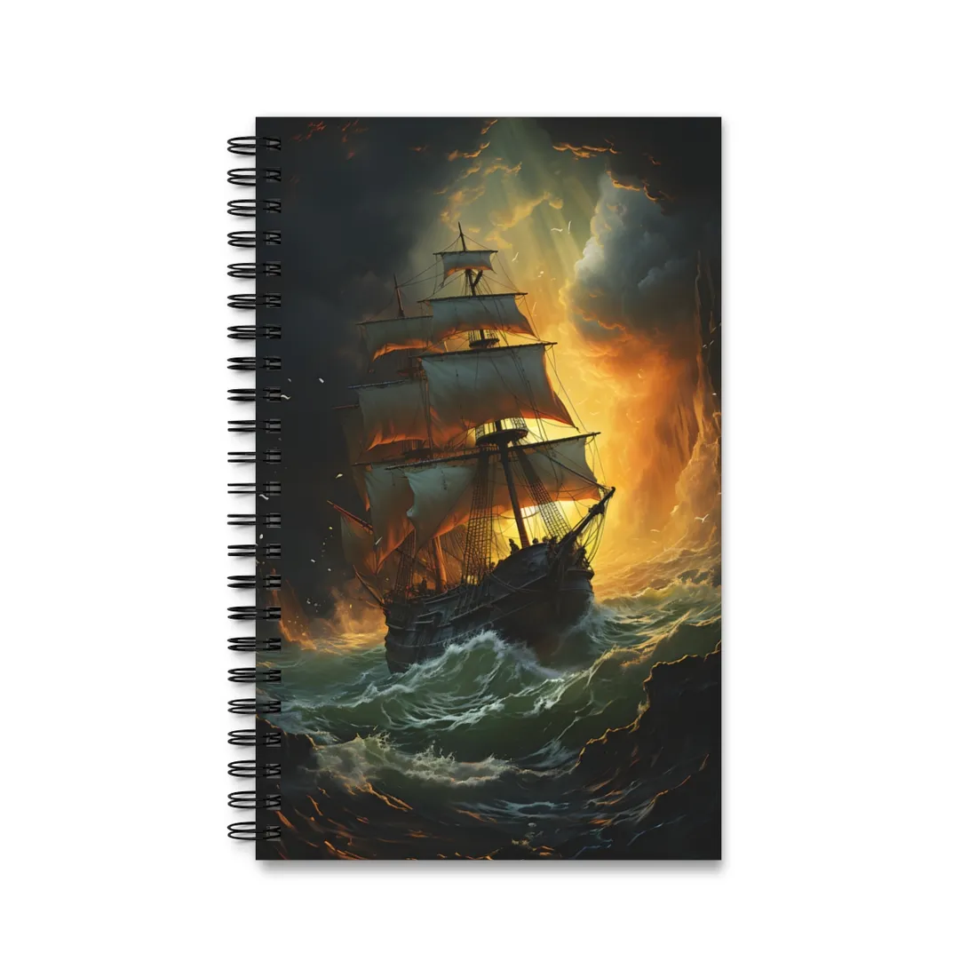 Mostly Green Seascape: Magnificent Oil Painting of a Ship - Spiral Notebook
