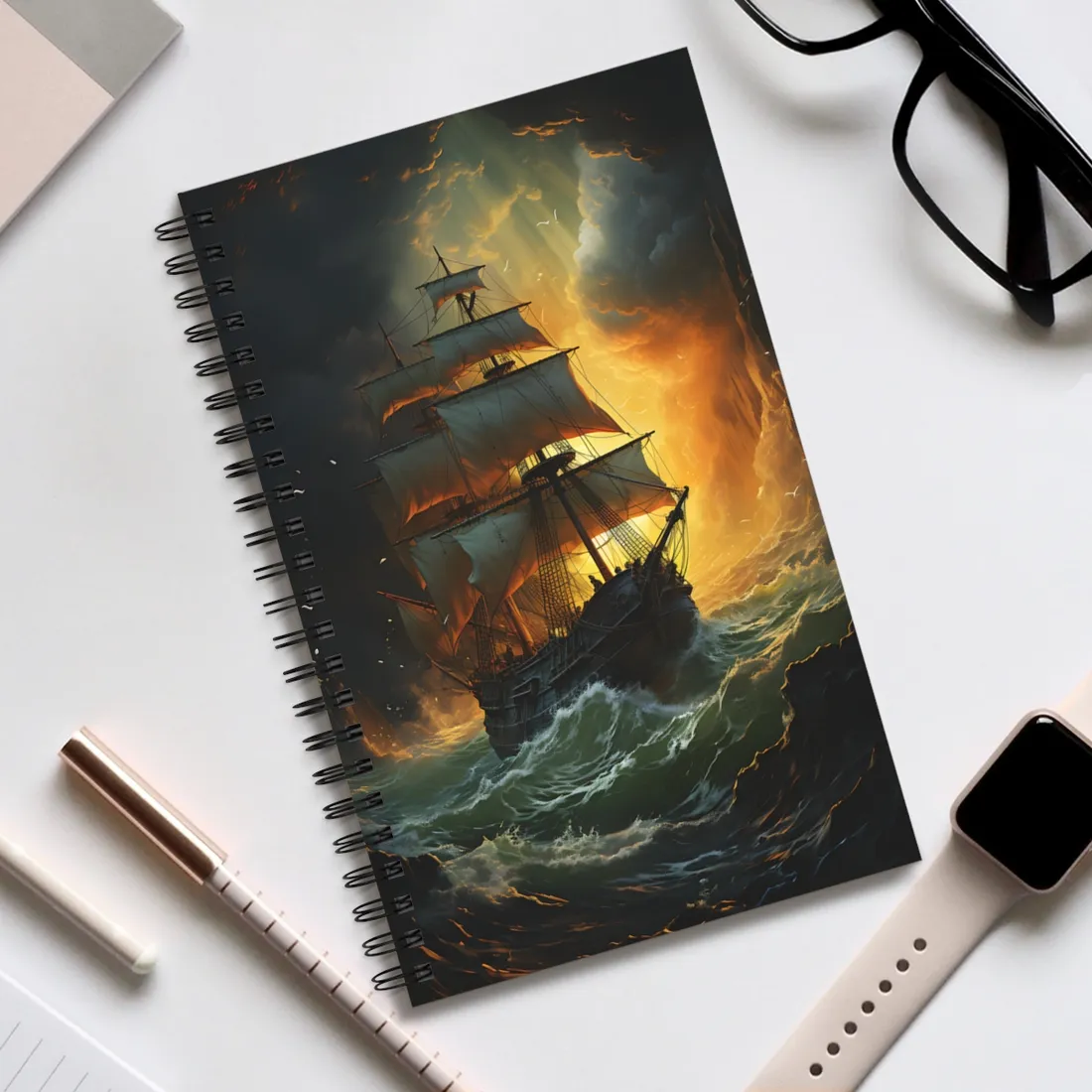 Mostly Green Seascape: Magnificent Oil Painting of a Ship - Spiral Notebook
